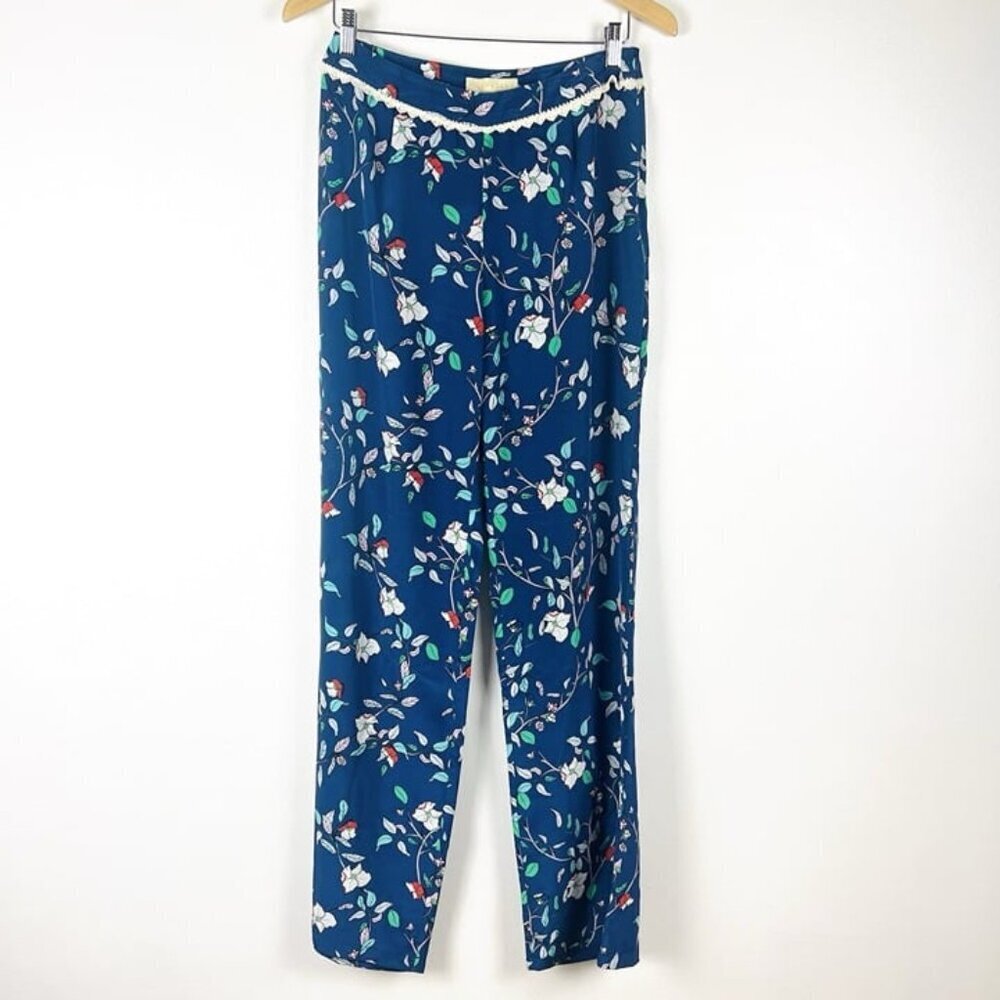 Paloma Blue Women's Wide Leg Floral Pants sz‎ M Silk Designer Boho Chic Cottage
